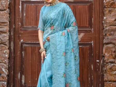 Women's Elegant Sage Green Georgette Saree with Delicate Floral Embroidery & Sequin Work – Perfect for Summer Festivities & Day Events