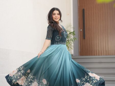 Women's Elegant Teal & Aqua Ombre Gown with Floral Printed Flair & Embellished Bodice – Perfect for Summer Festivities & Parties