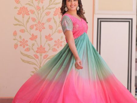 Women's Dual-Tone Ombre Gown in Candy Pink & Aqua Green with Embroidered Bodice – Festive & Contemporary Wear