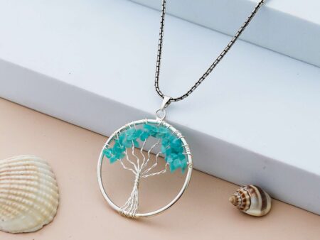 Amazonite Pendant Tree of Life Crystal Stone Pendant Locket with Metal Chain for  Healing Crystal Healing Gemstone Size 35-40 mm Amazonite